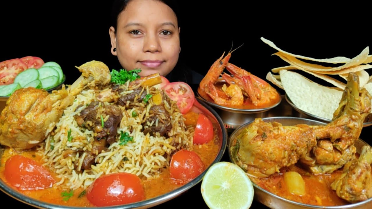 Eating Mutton Biryani with Chicken Curry, Prawns Curry  & Papad | Eating Show | Asmr Mukbang