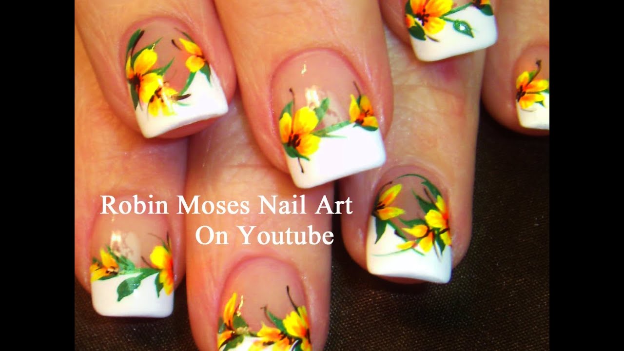 Easy French Mani Nails with Yellow Flowers! DIY Neon Nail Art Design Tutorial