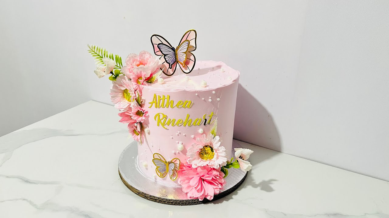 Pink & Purple Butterfly in Pink Flowers & Frosting Cake Idea | Elegant & Simple Design #viral #video