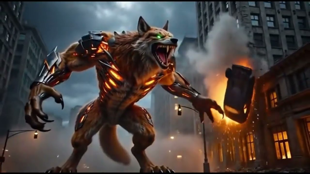 Huge gorilla battles a giant wolf, smashing buildings as the city shakes in a deadly clash tonight