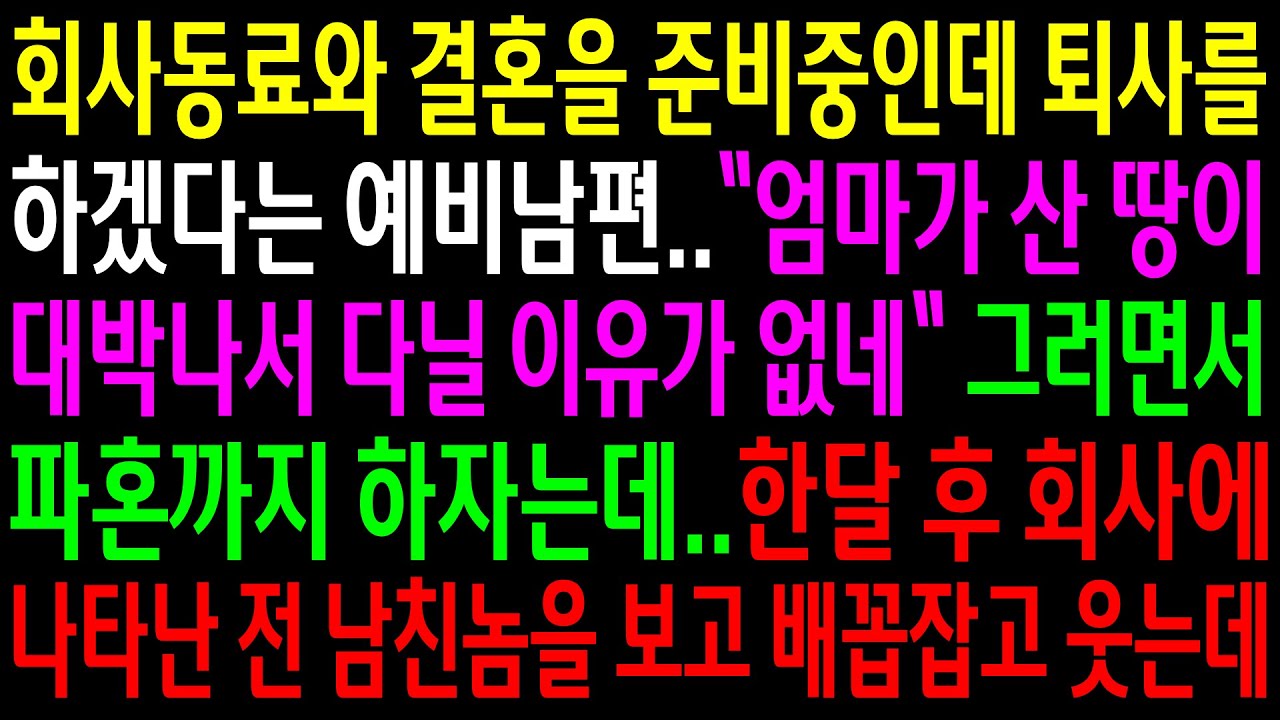 (실화사연)회사동료와 결혼을 준비중인데 퇴사를 하겠다는 예비남편..파혼까지 하자는데..한달 후 회사에 나타난 남친놈을 보고 배꼽잡고 웃는데[신청사연][사이다썰][사연라디오]