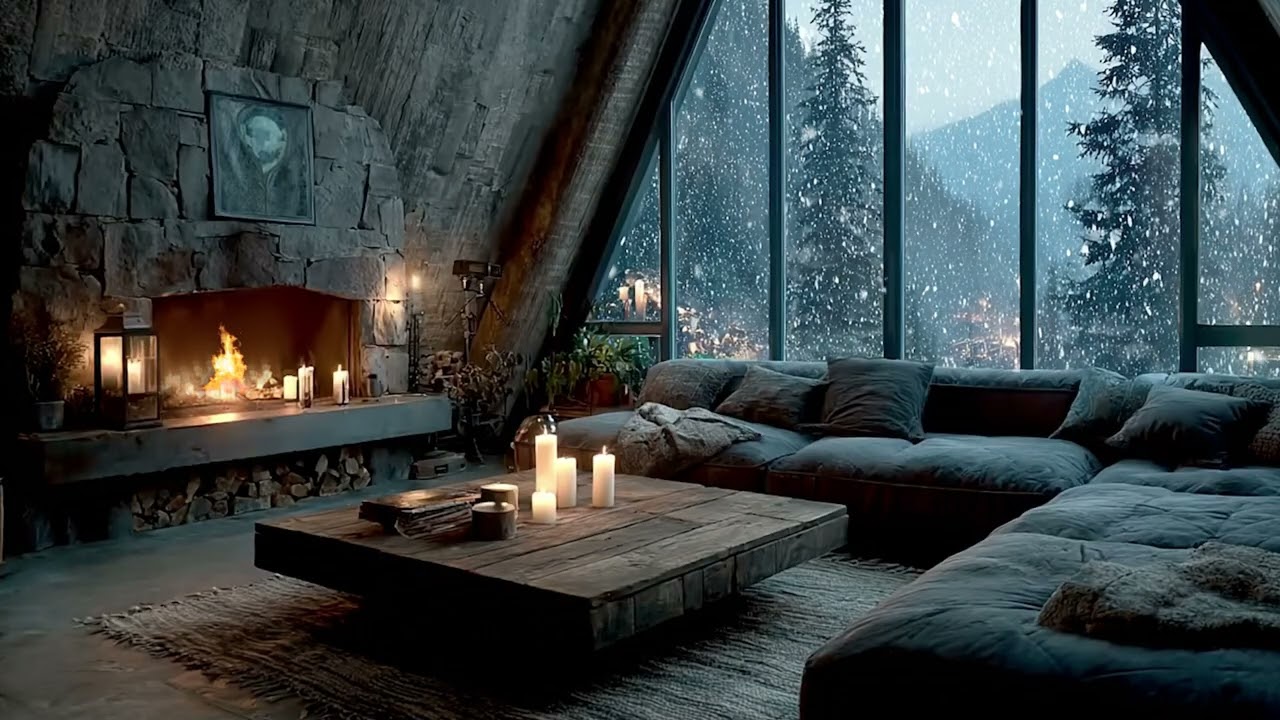 Peaceful Winter Piano Lounge ❄️ Soft Fireplace Sounds & Snowfall Ambience for Sleep & Focus