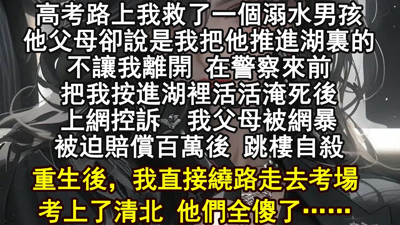 高考路上我救了一個溺水男孩，他父母卻說是我把他推進湖裏的不讓我離開，員警來前把我推進了湖裏，死無對證，他們上網哭訴，我的父母被網暴，被迫賠償百萬後跳樓自殺。重生後，我直接去考場，考上了清北！