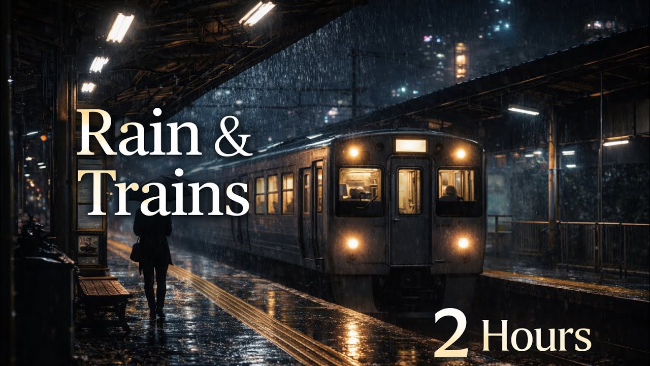 Rainy Night at the Station — Heavy Rain & Passing Trains Ambience for Sleep, and Deep Relaxation 