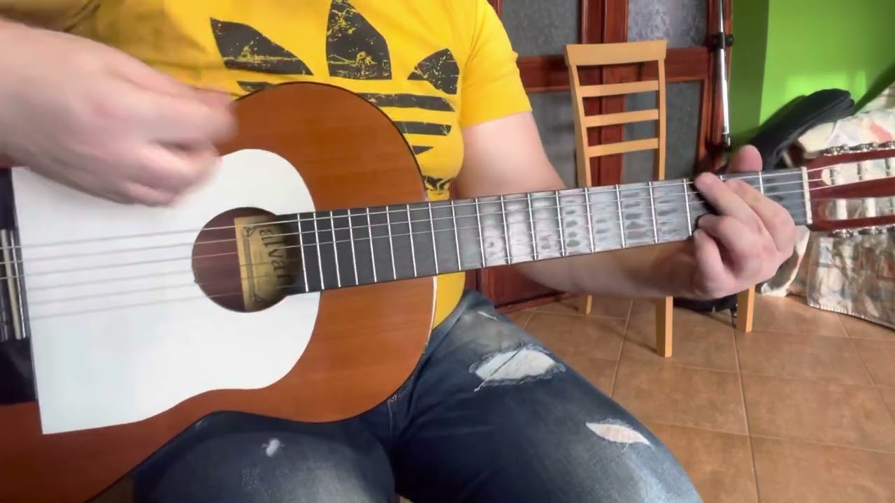 Szőkített Nő Kispál és a Borz gitáron lassan játszva akkordok pengetés D dúrban