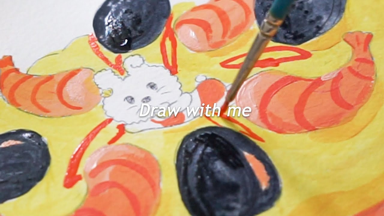 draw with me - food illustrations⛱️🦐 with Acryla Gouache and water colours˚✧