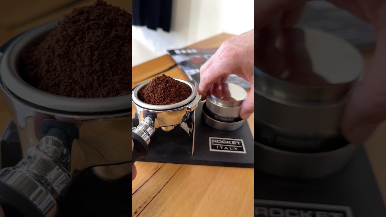 Prepping the coffee bed with a Rocket Espresso 2 in 1 Tamper and Levelling Tool 👌🏻