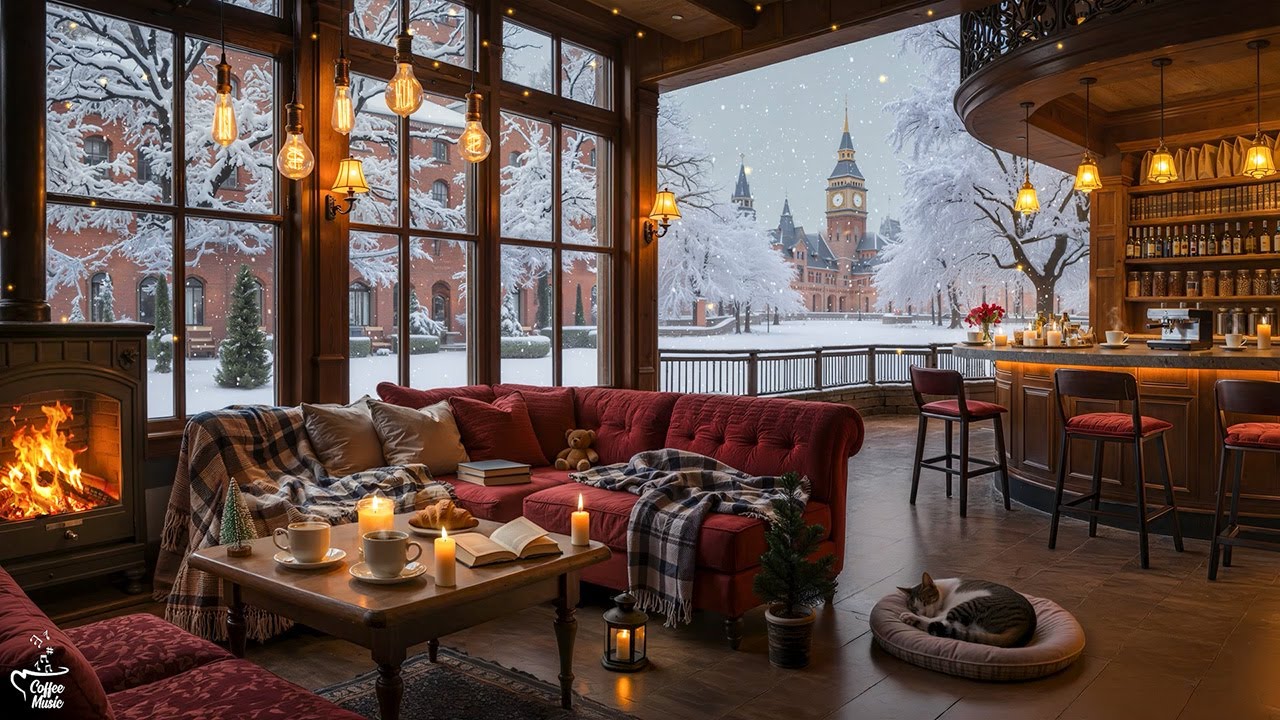 Cozy Winter Coffee Shop with Snow Falling ☕ Smooth Jazz Music & Crackling Fireplace for Work, Unwind