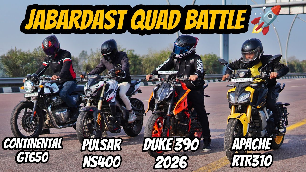 2026 Duke 390 Vs Continental GT650 Vs Pulsar NS400 Vs Apache RTR 310 | Quad Battle