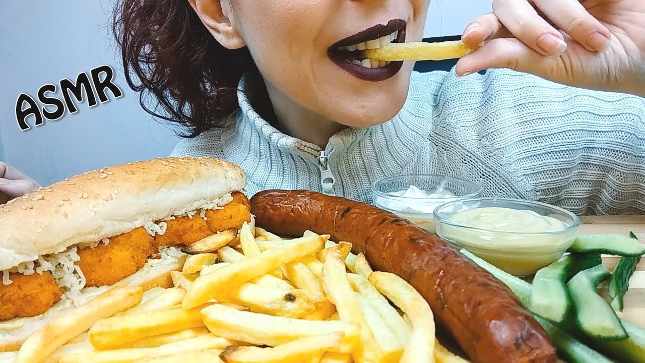 ASMR eating: Big Sausage, Chicken Nugget Sandwich & Fries | Whispering