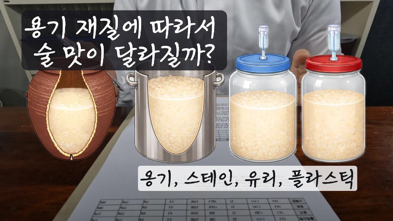 발효용기 재질에 따른 차이 비교 실험(단양주, 25℃, 용기_옹기, 스테인, 유리, 플라스틱, 쌀:물=1:1)