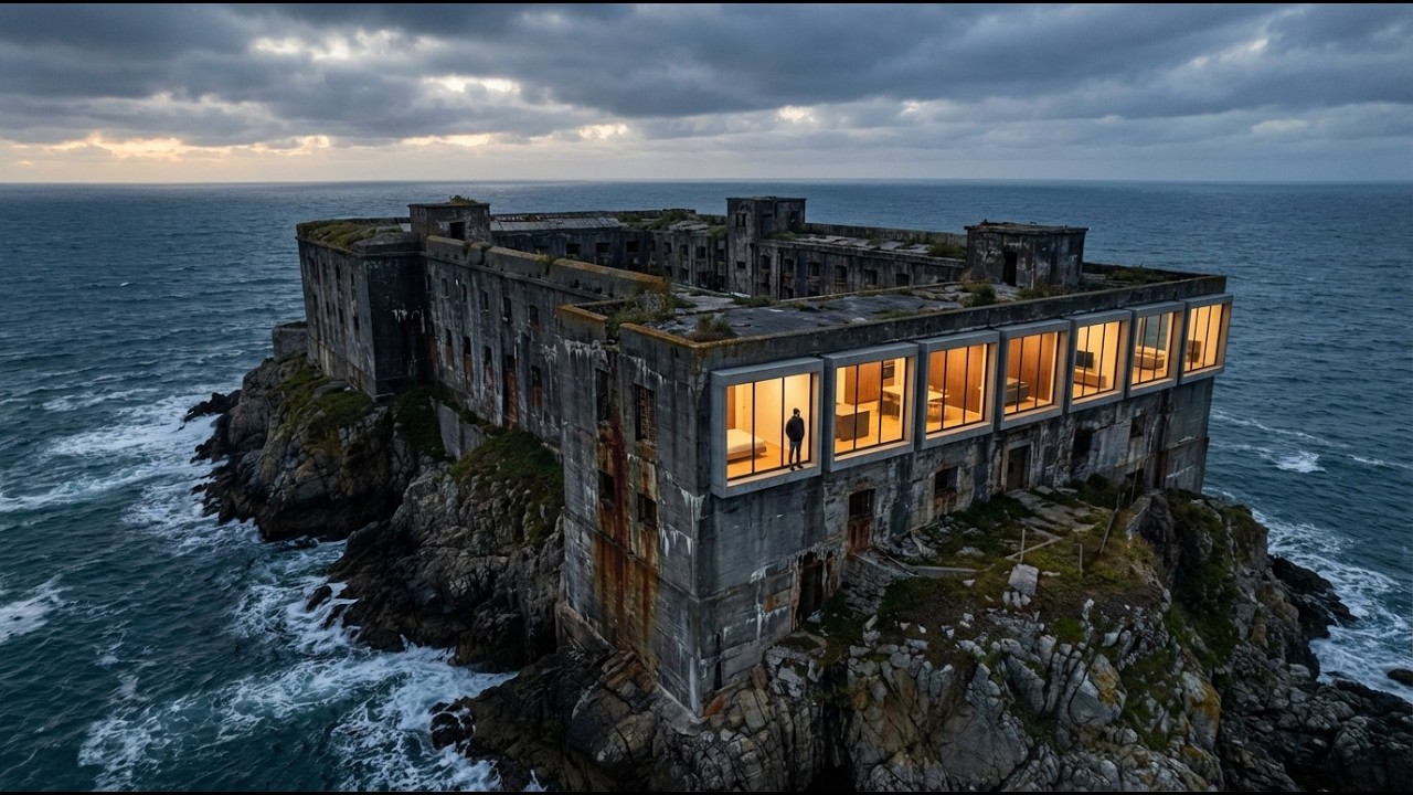 He Built a SECRET Modern House Inside an ABANDONED Ocean Prison in the Middle of the Sea (ASMR)