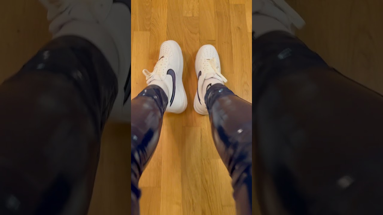 Blue Adidas Latex Leggings with Nike Air Force 1 iridescent swoosh
