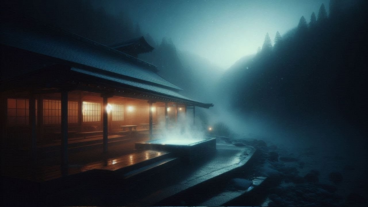 霧と雪の露天風呂｜静かな冬の夜（10分）