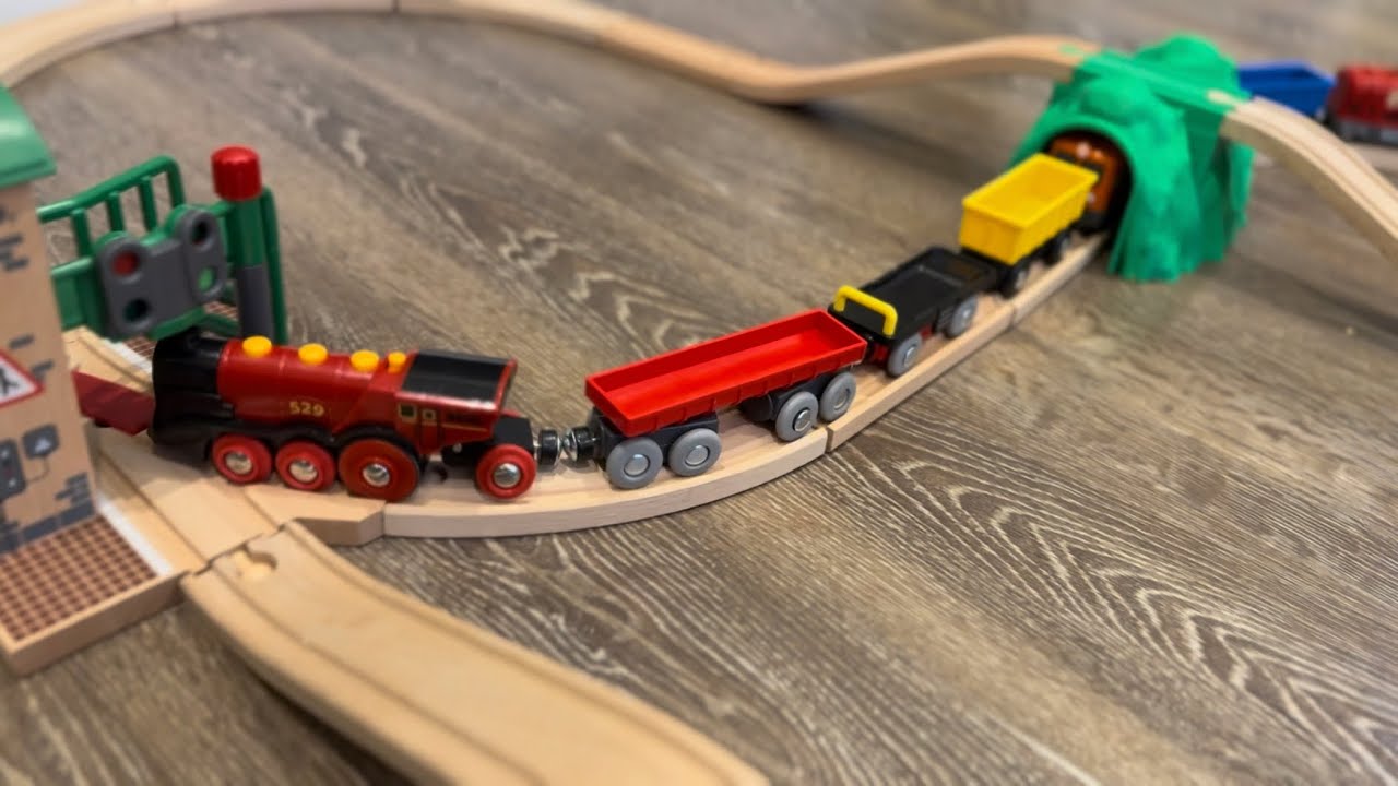 Long Brio Train! 10 carriages, going through tunnels over bridges and across level crossings