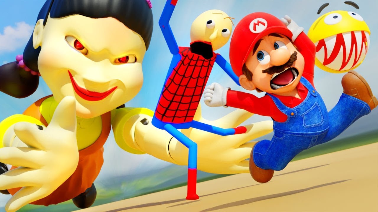 Super Mario Pacman and Baldi vs Bowser in Squid Game
