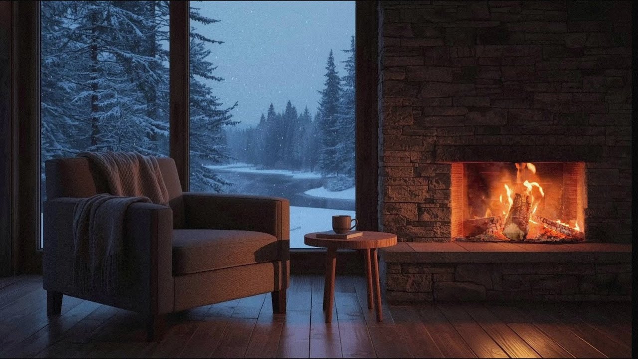 Cozy Winter Fireplace Ambience with Soft Relaxing Music ❄️ Cabin Sounds for Sleep, Study & Focus
