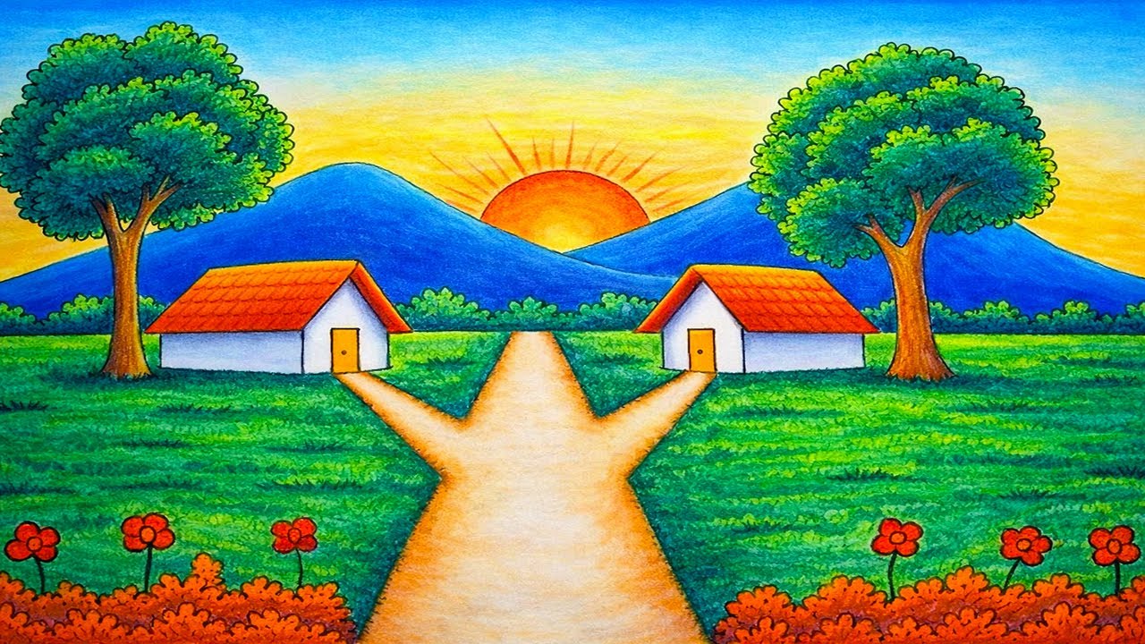 Как легко нарисовать деревенский пейзаж | Закат над горным пейзажем с использованием цвета