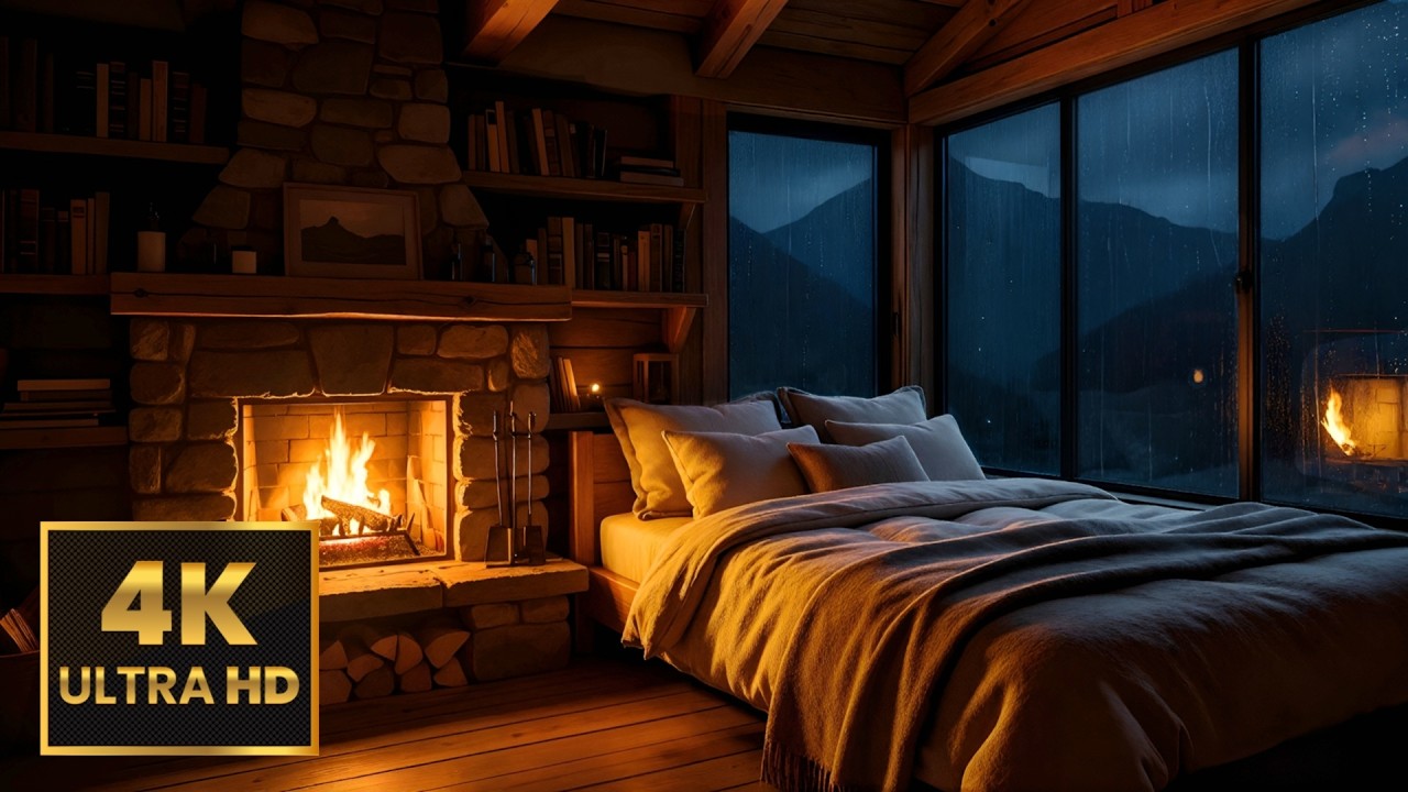 Heavy Rain Mountain Cabin 🌧️🔥 [10 Hours | No Music] Fireplace & Rain Sounds for Sleep
