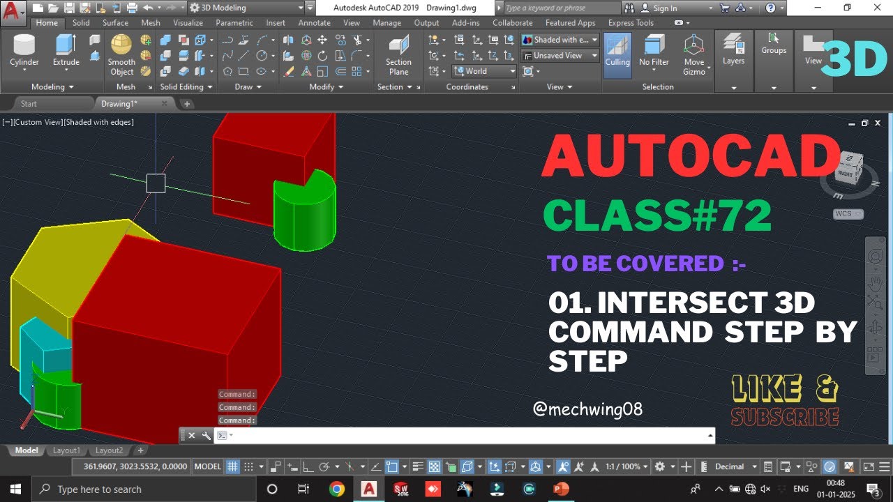 Intersect Command | AutoCAD 3D Intersect Command Tutorial | Step-by-Step Example | AutoCAD Class 72