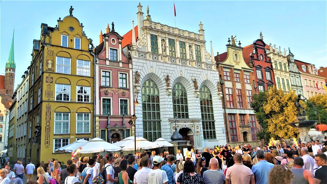 Walk in the Old Town of Gdansk, Poland. Dluga Street, Golden Gate, Neptune Fountain, Green Gate