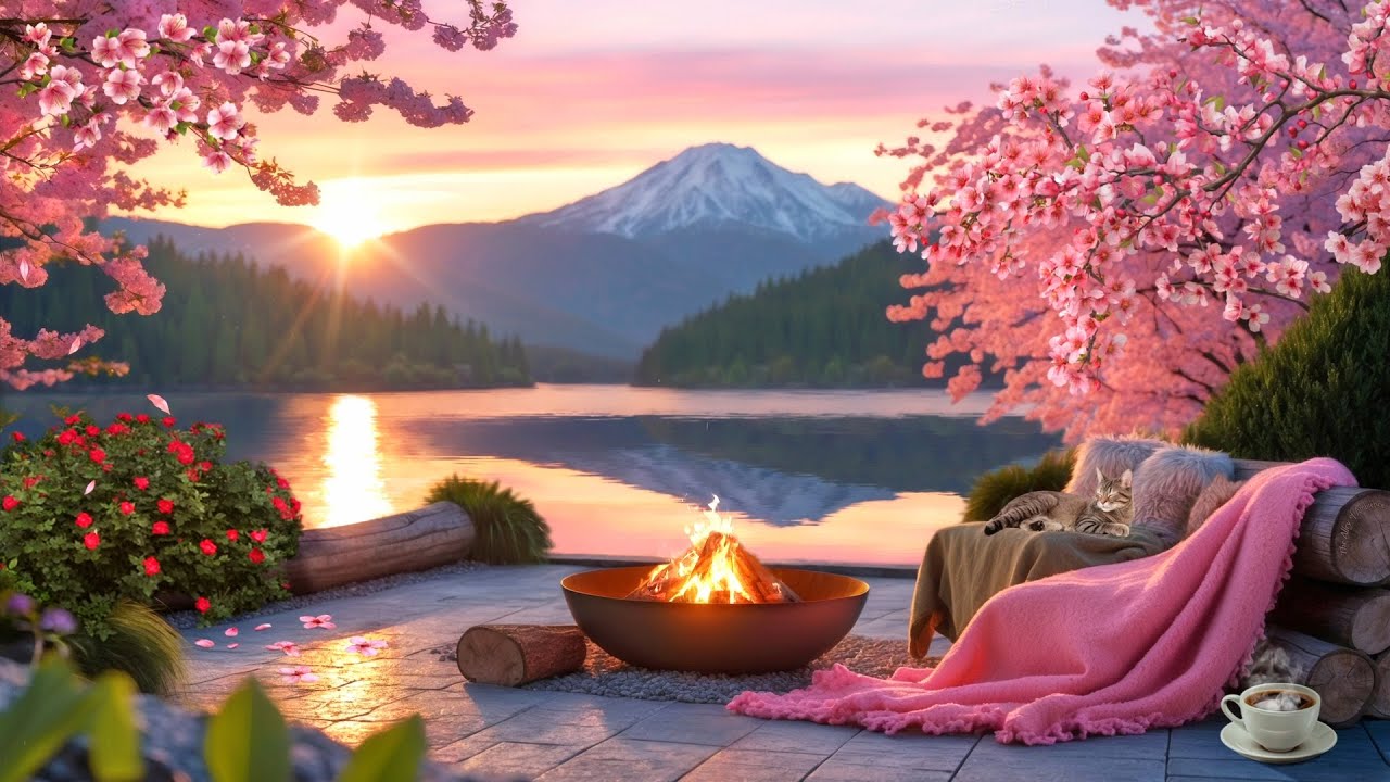 Атмосфера цветения сакуры 🌸 Уютный костёр у озера и Звуки природы для отдыха и сна
