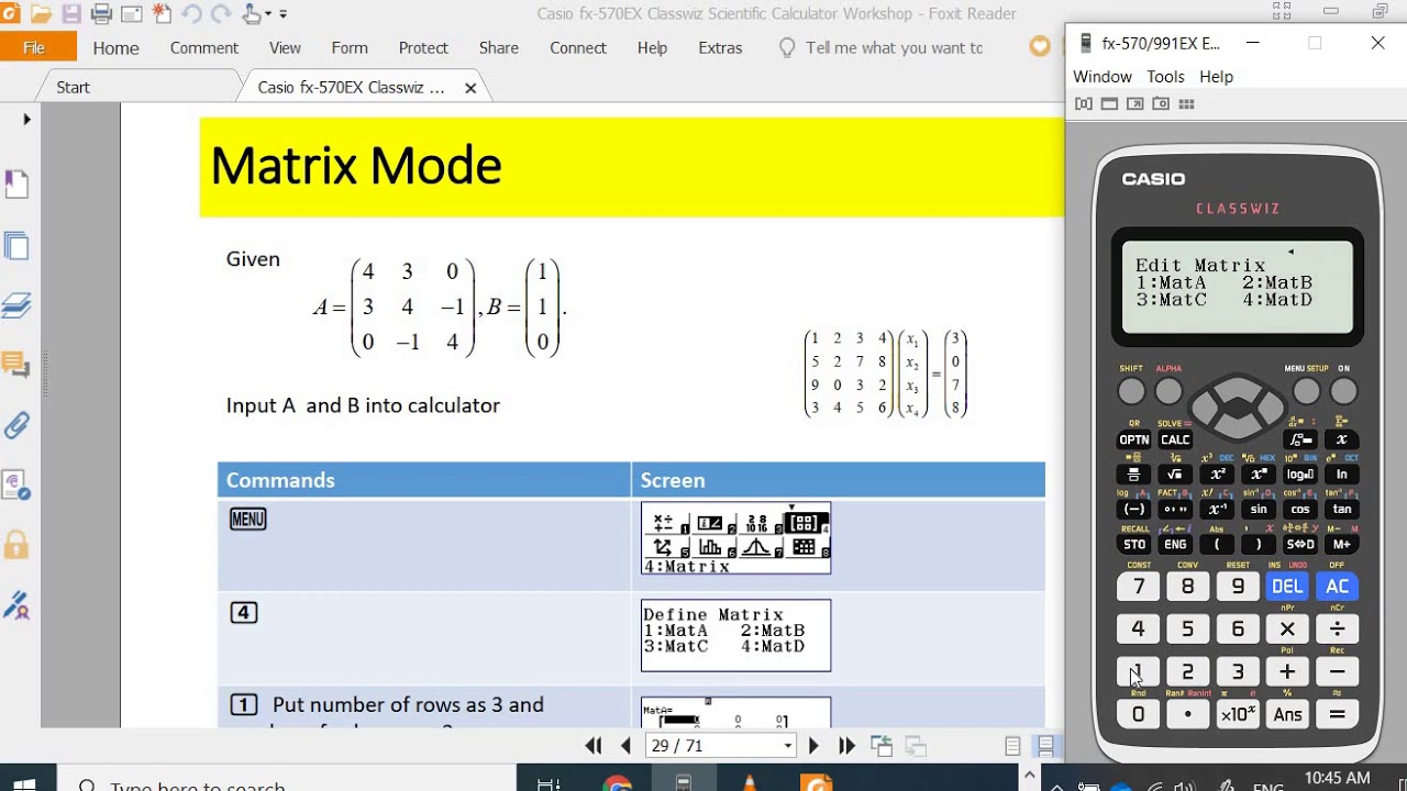 Matrix operation using Casio fx-570Ex Classwiz calculator