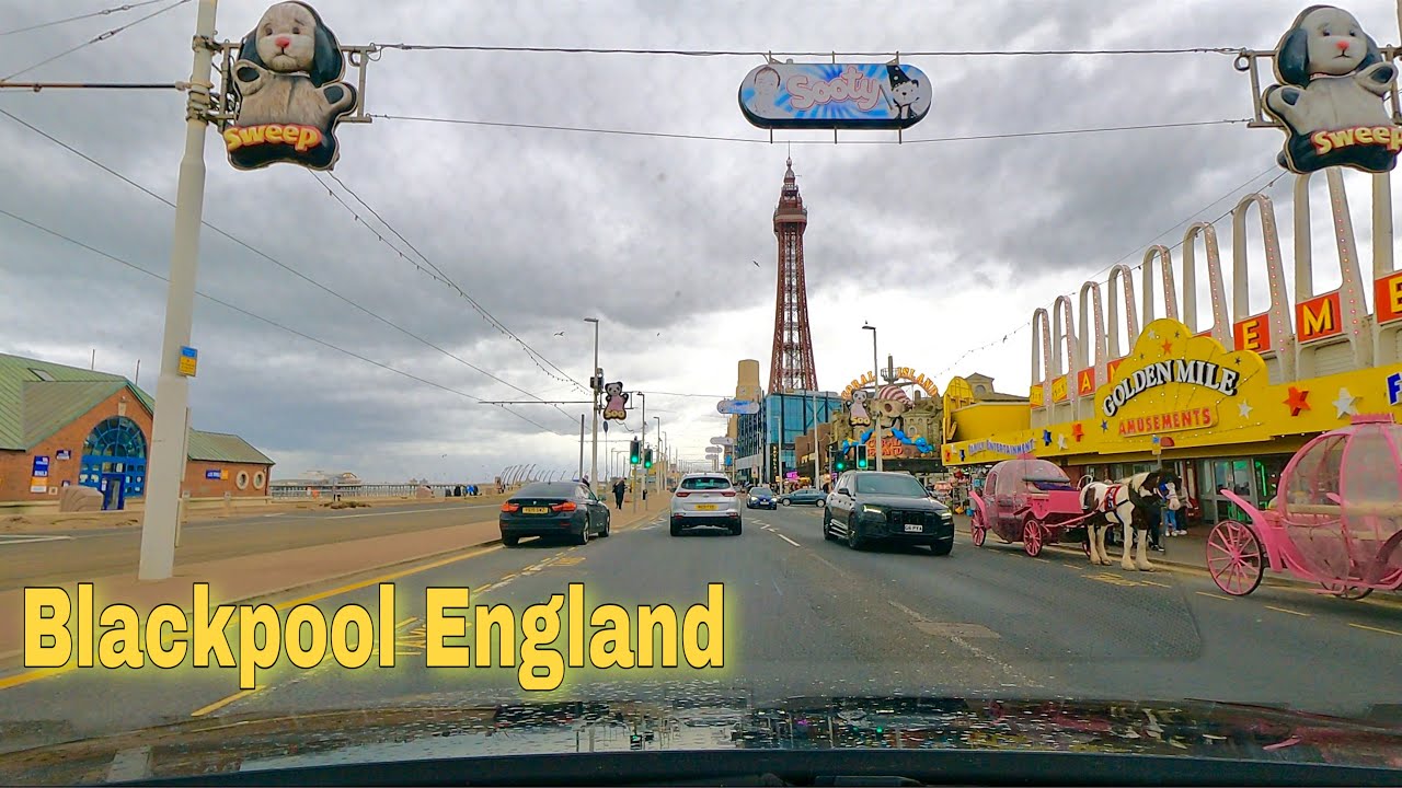 Driving In Blackpool Promenade Rd - passing Pleasure Beach and Blackpool Tower