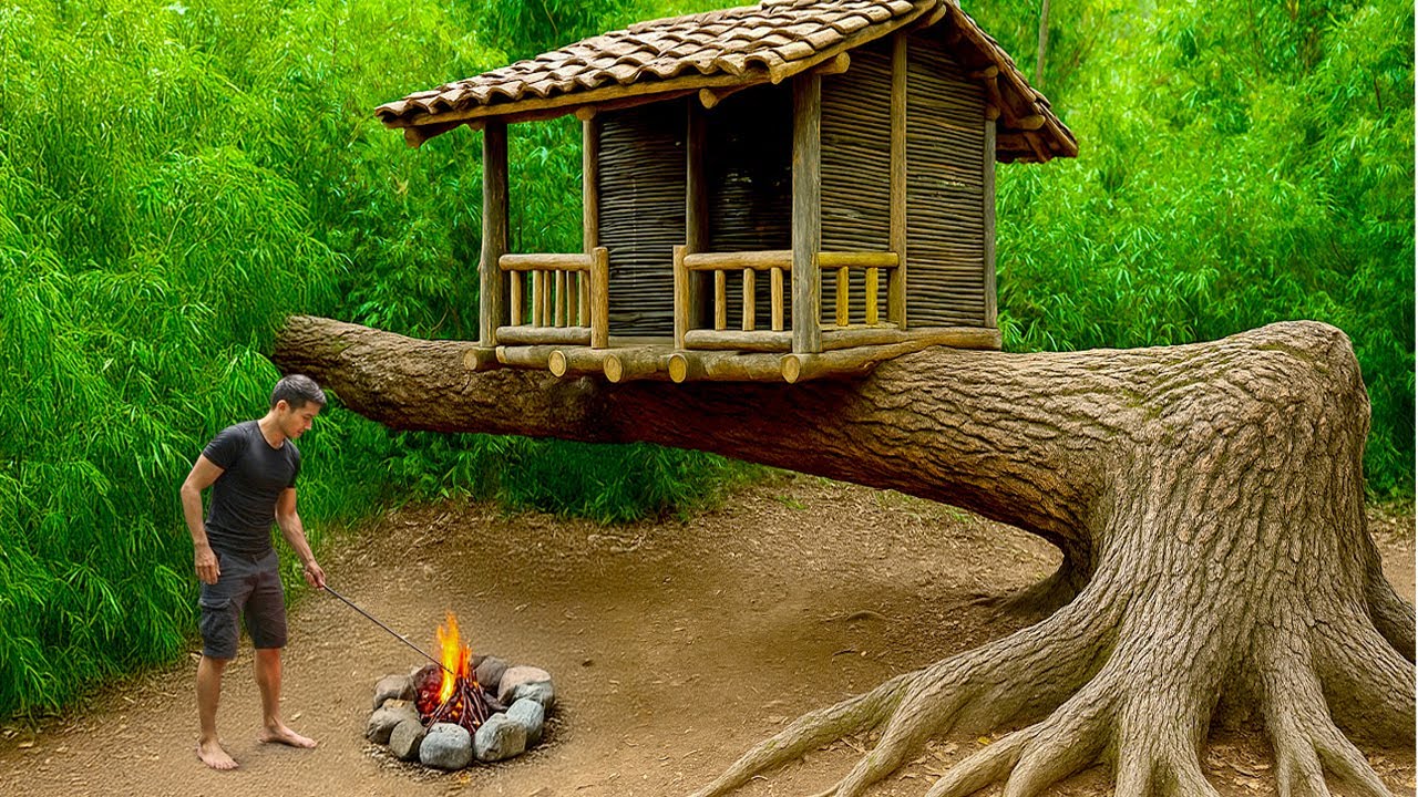 Man Builds a Log Cabin on a Fallen Tree in an Incredible Way | From Start to Finish