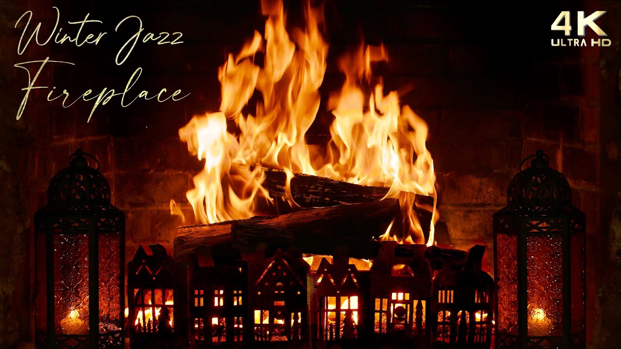 🔥 Crackling Fireplace & Winter Jazz Ambience ~ Relaxing 4K Fireplace Ambience