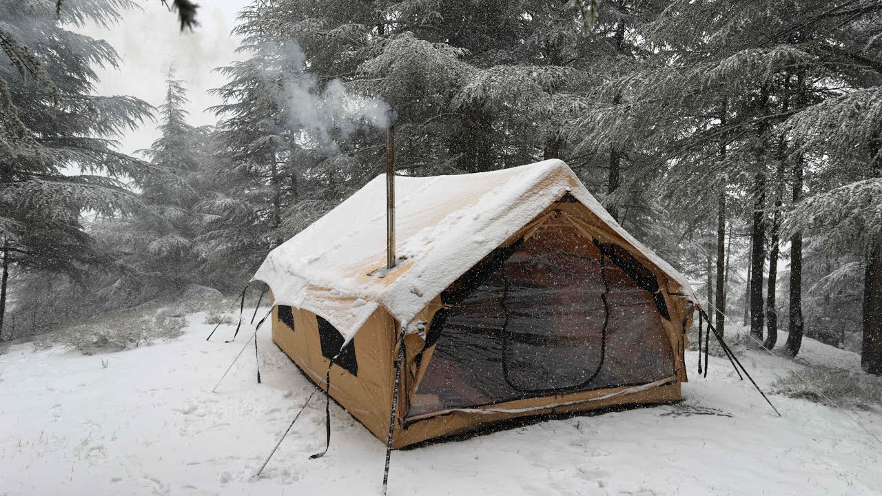 Solo Winter Camping in Heavy Rain ,  Deep Snow - ASMR Bushcraft, Tent Setup & Cooking