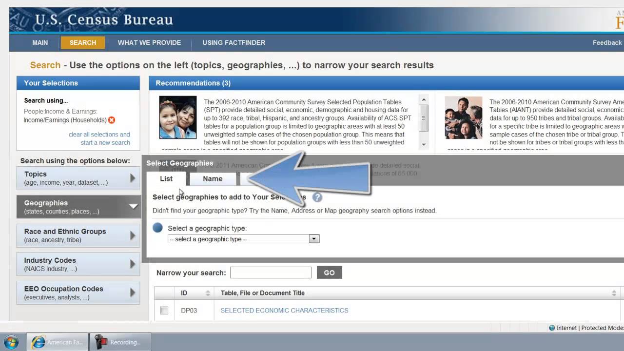 Finding geographic (region and urban) statistics in American FactFinder