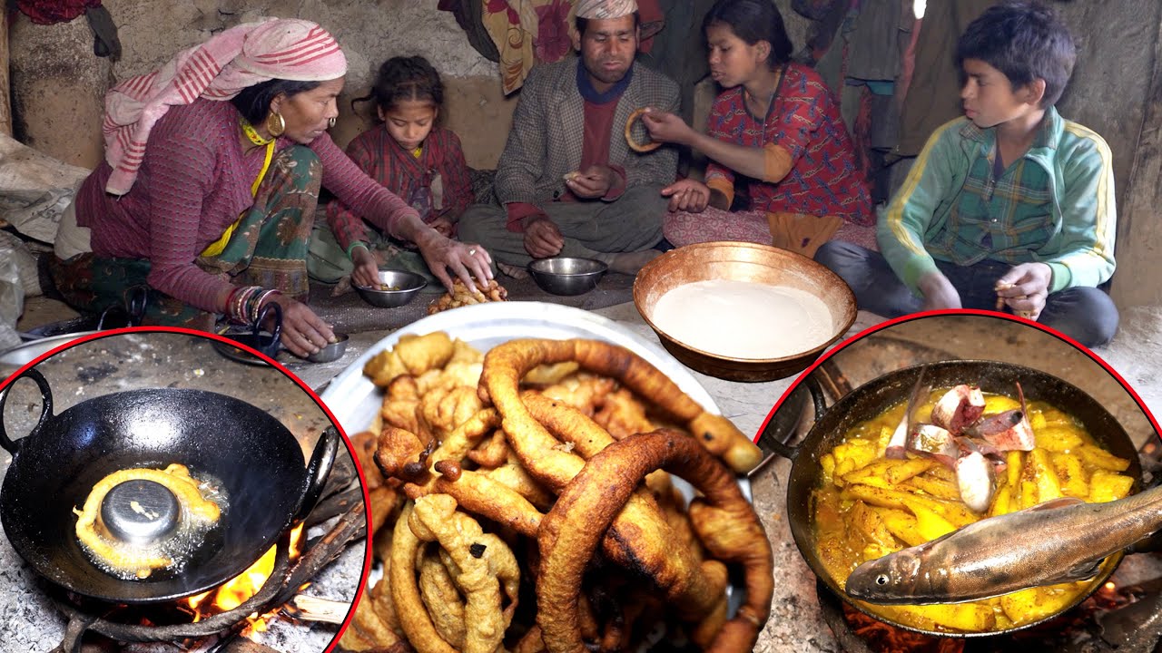 dharme's wife cooks round oil bread and potato mix curry with fish @ruralnepall
