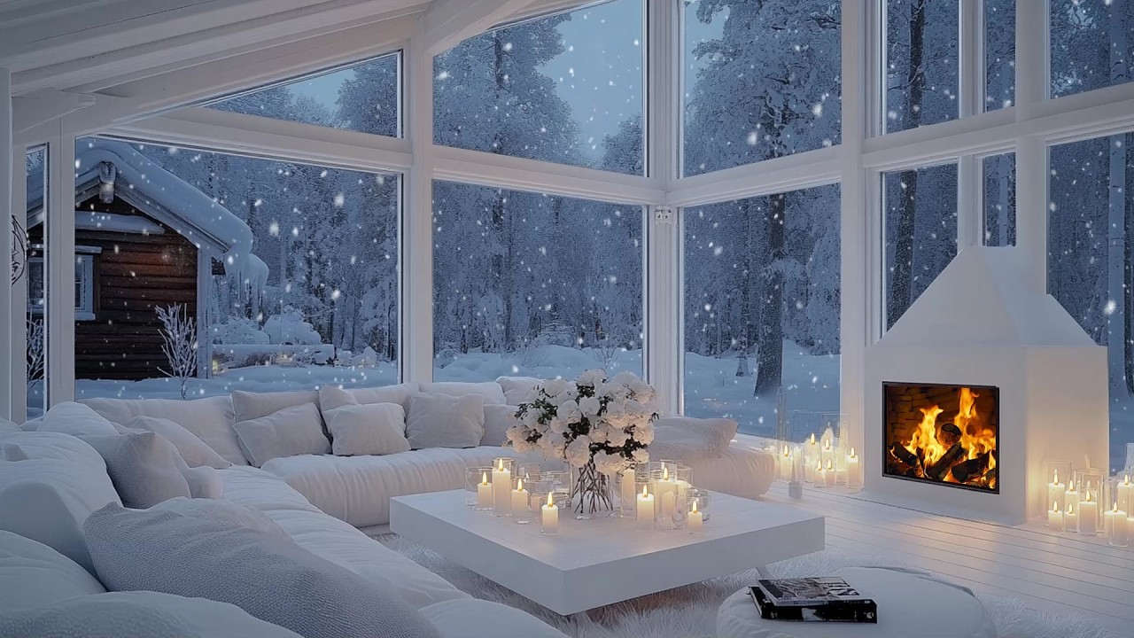 🔥🎹 Cozy Hearthside Winter Piano Retreat | Snow Outside & Elegant Flowers | Relaxed Work Focus