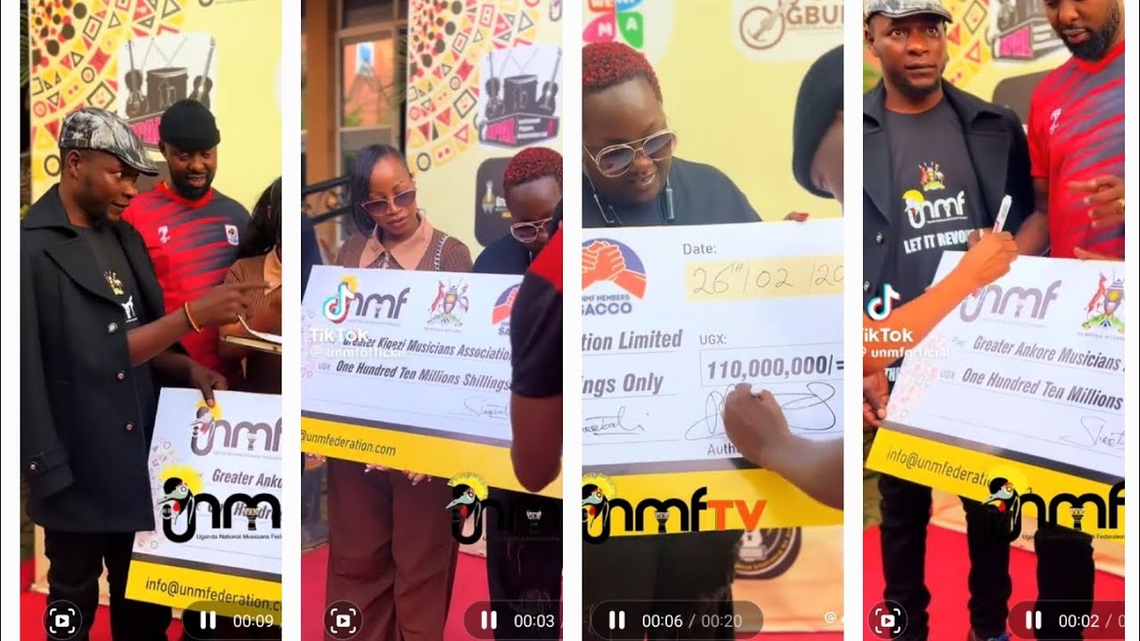 Eddy kenzo and Sheebah  signed checks for money to western Uganda musician's Associations 