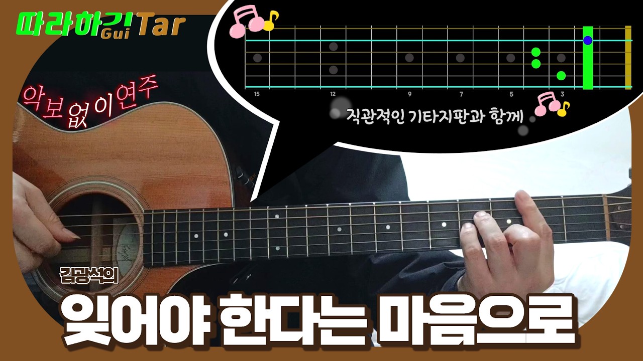 잊어야 한다는 마음으로 - 김광석 | 악보 없이 기타지판, 손모양만 보고 기타연주 따라하기 (기타 초급 중급)