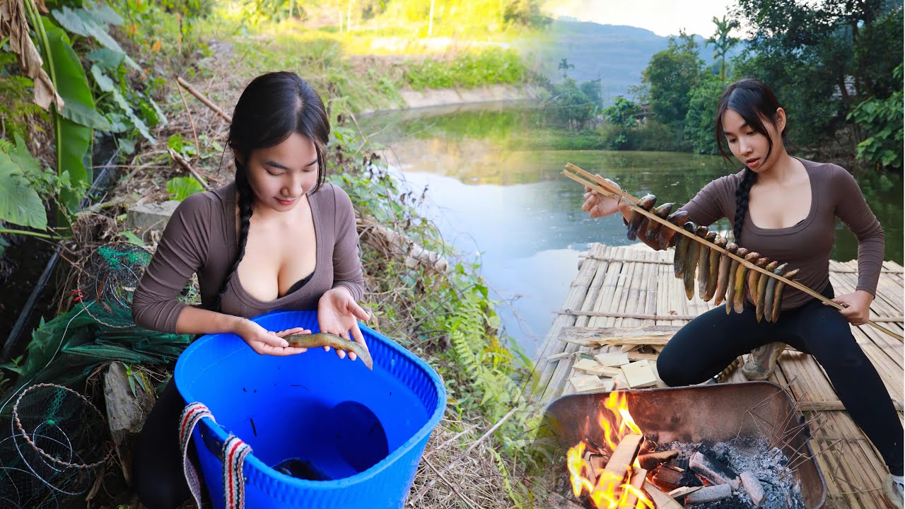 Solo Girl Fishing on a Floating House | Catching Fish & Cooking in the Wild