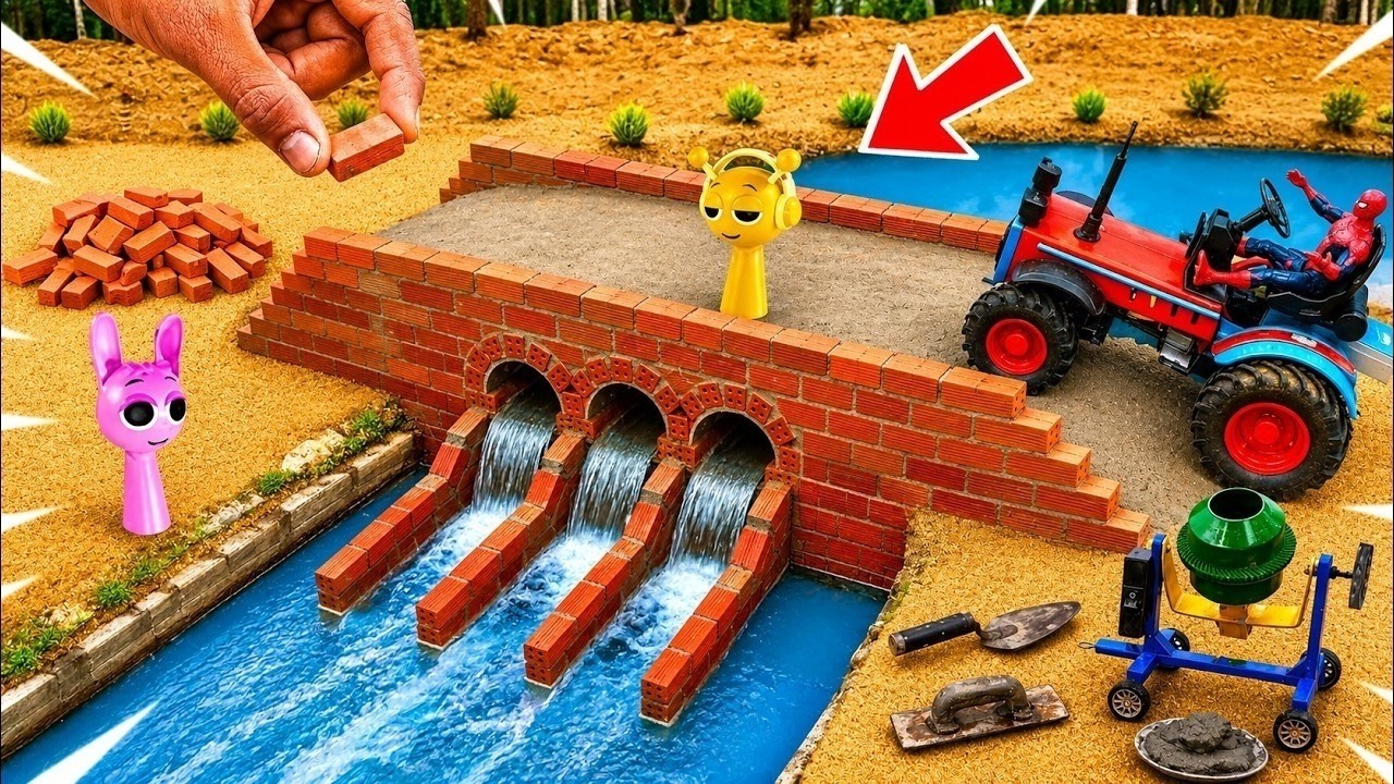 Satisfying Video | How To Make Mini WaterWheel with Bridge from Cement and Bricks Sprunki Chracters