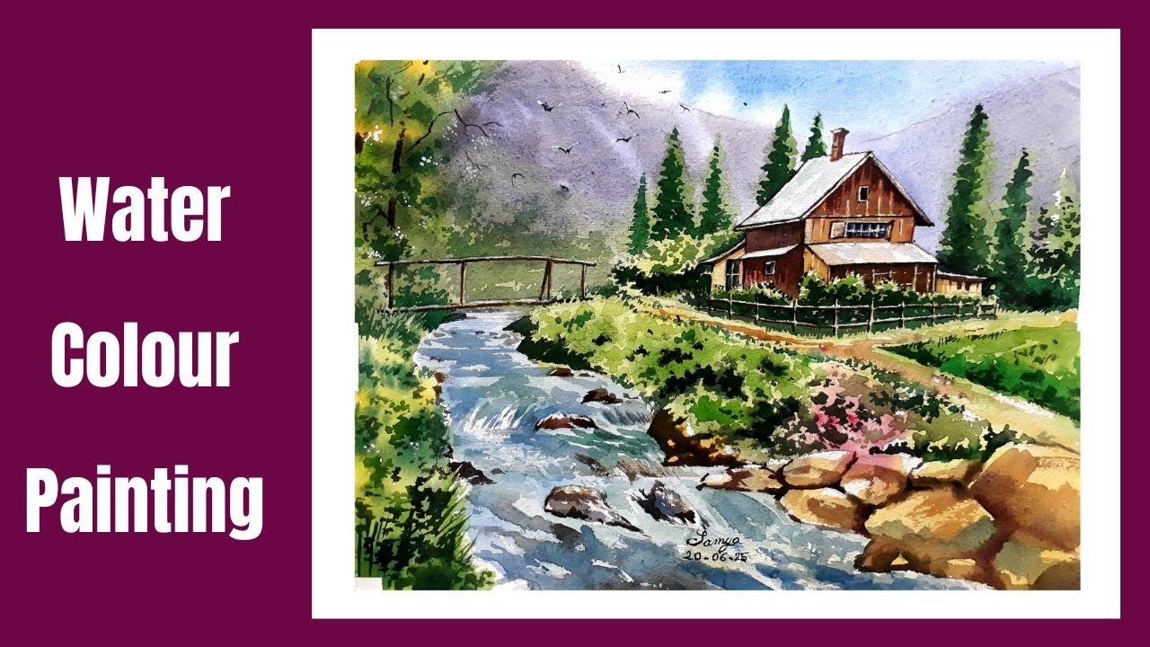 Mountain river scenery painting by watercolor for beginners | Art with Samya-99