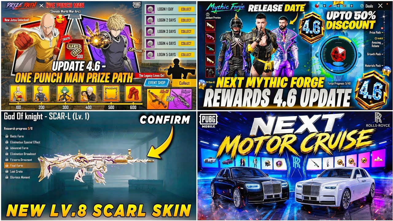 🔴 NEXT PRIZE PATH CONFIRM 4.6 ✅ MYTHIC FORGE REWARD 4.6 🤩 NEW LV.8 SCAR-L SKIN 🔥 NEXT MOTOR CRUISE 🤯