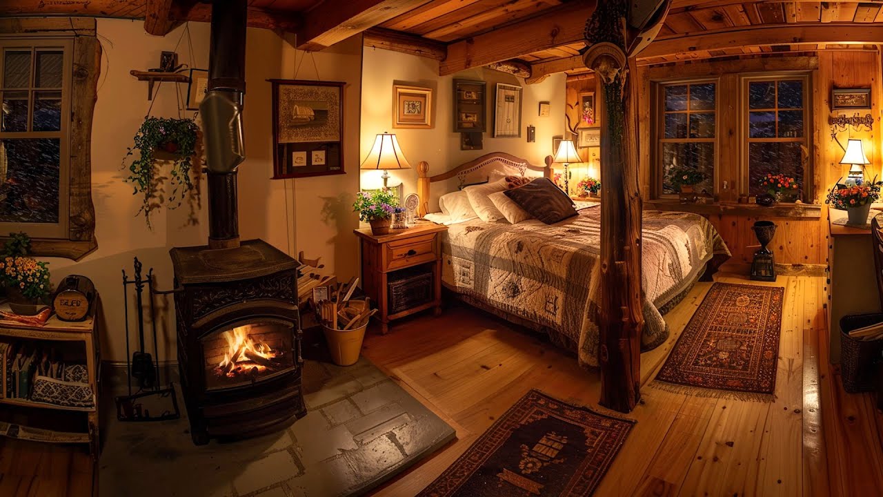 Beautiful Countryside Cottage in Winter | Cold Wind and Relaxing Campfire Sound for Sleeping