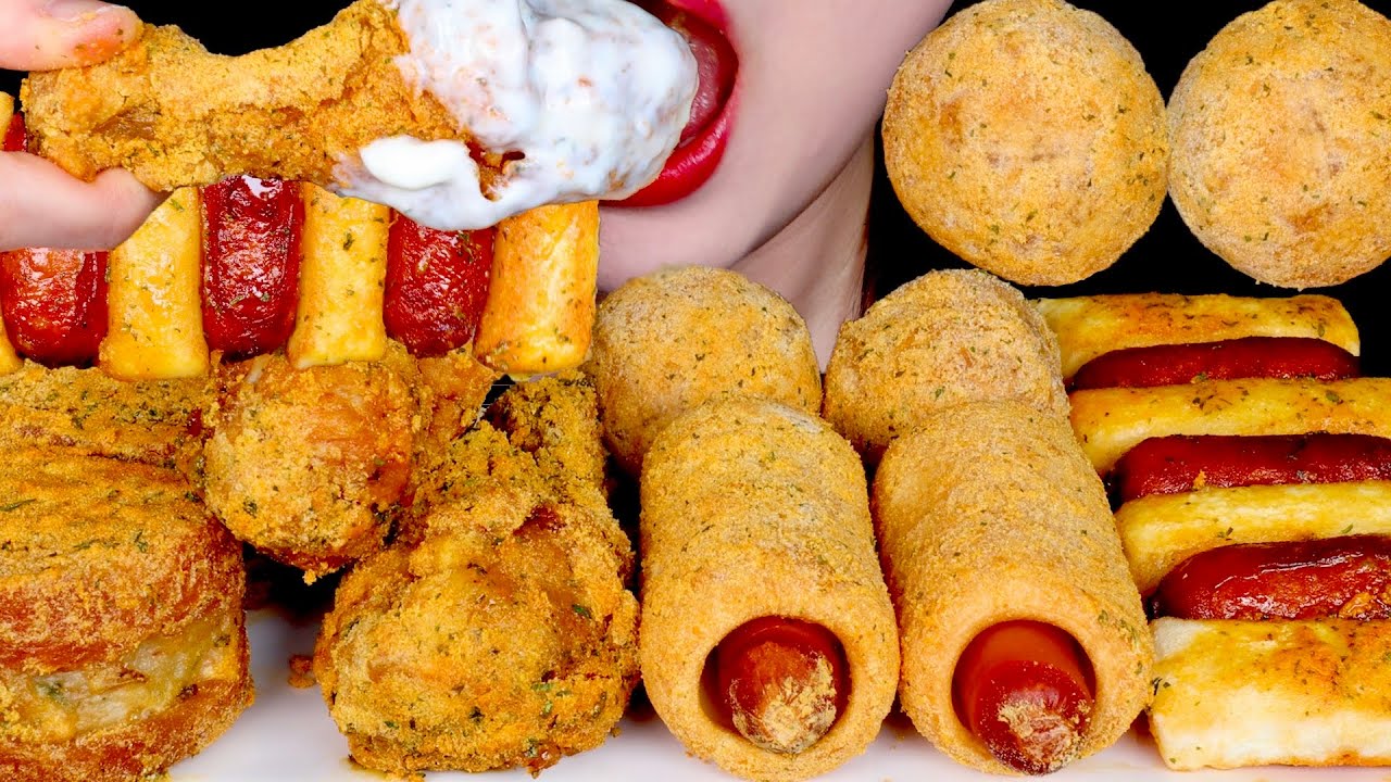 ASMR CRISPY BBURINKLE CHICKEN 바삭바삭 뿌링클치킨, 멘보샤, 뿌링핫도그, 소떡, 치즈볼 MENBOSHA, HOTDOG, CHEESE BALLS MUKBANG