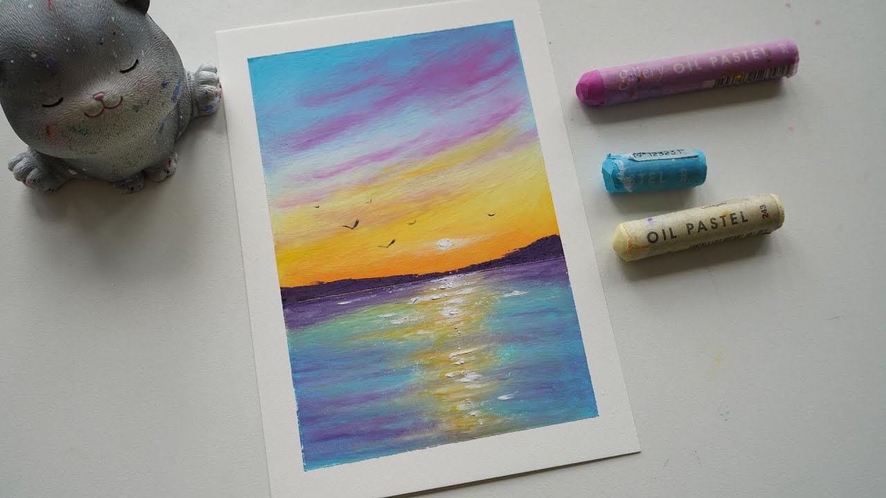 Oil Pastel Drawing for beginners - Sunset lake
