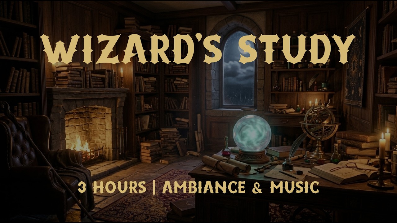 Wizard's Study at Midnight | 3 Hours of Dark Fantasy Music, Crackling Fire & Thunderstorm
