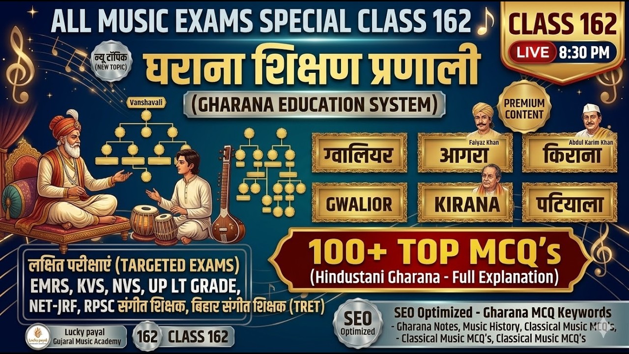 LIVE CLASS: घराना शिक्षण प्रणाली और प्रमुख घराने | Top 100+ MCQs | KVS, NVS, EMRS, RPSC | Class 162