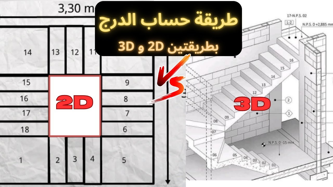 طريقة حساب الدرج في البناء بطريقتين 2D و 3D | طرساج الدروج  بطريقة بسيطة 2024