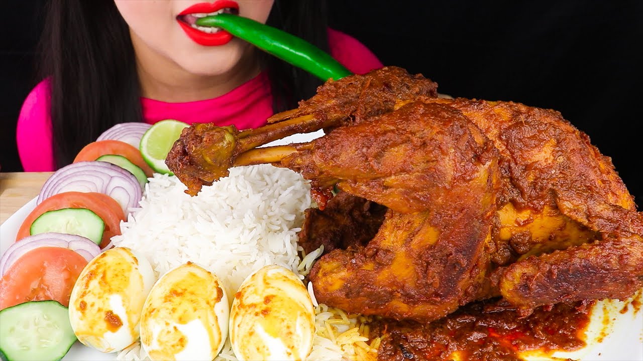 Eating Whole chicken curry with Rice,boiled eggs,onion and green chilli(ASMR Mukbang Eating show)