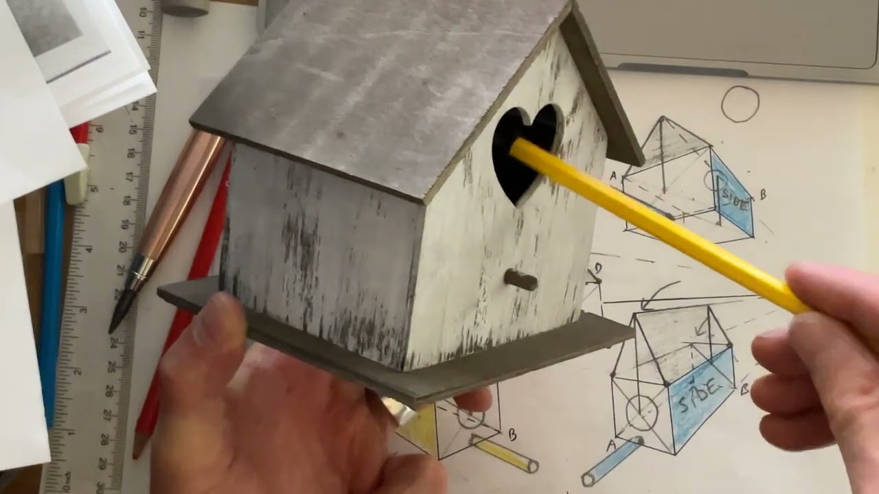 Birdhouse in 2-point perspective - adding Perch, Post and opening