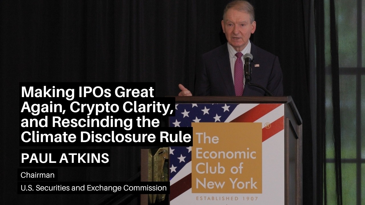 Председатель SEC Аткинс о возрождении IPO, ясности в криптовалютах и отмене правил раскрытия клим...