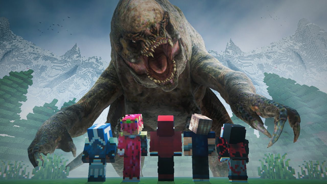 5 Minecraft Players Vs The Distortus Rex From Jurassic World Rebirth